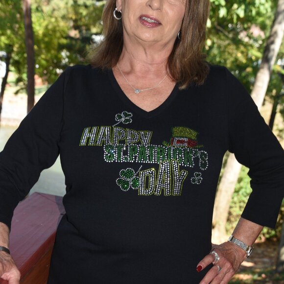 St. Patrick's rhinestone black long sleeve shirt XS S M L XL XXL 1X 2X 3X 4X 5 - Picture 7 of 7